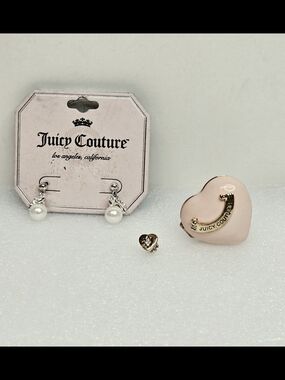 Vintage Juicy Couture Pink Heart Triket and Pearl Drop Earring Set